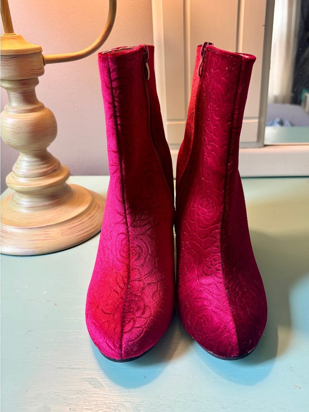 Soho Raspberry Velvet Embossed Ankle Boot NWOT - Picture 3 of 6